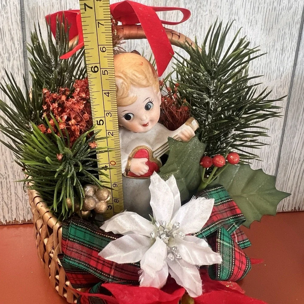 Vintage Kitschy Christmas Lefton boy‎ heart guitar 60's poinsettia greenery
